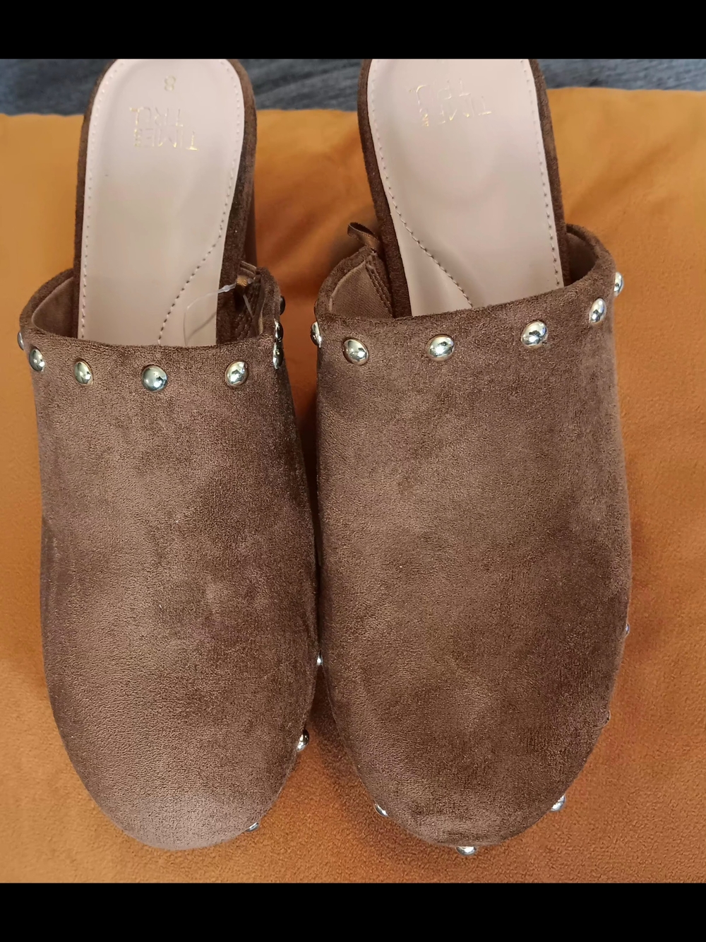 Time and Tru Brown Suede Studded Mule Slides